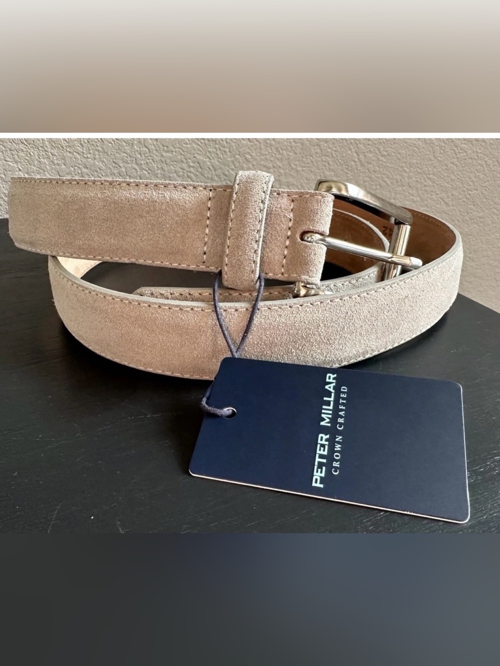 Peter Millar Calf Suede Excursionist Belt•Pearl Gray/Tan•Silver Buckle•NWT